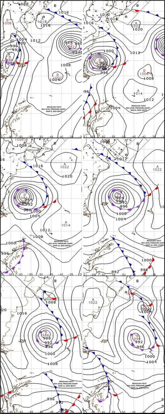 The Synoptic Letters, from March 9, 2022, at 00:00 UTC to March 11, 2022, at 12:00 UTC, from Navy Hydrog- raphy Center, Brazil’s navy (Adapted Authors). 32