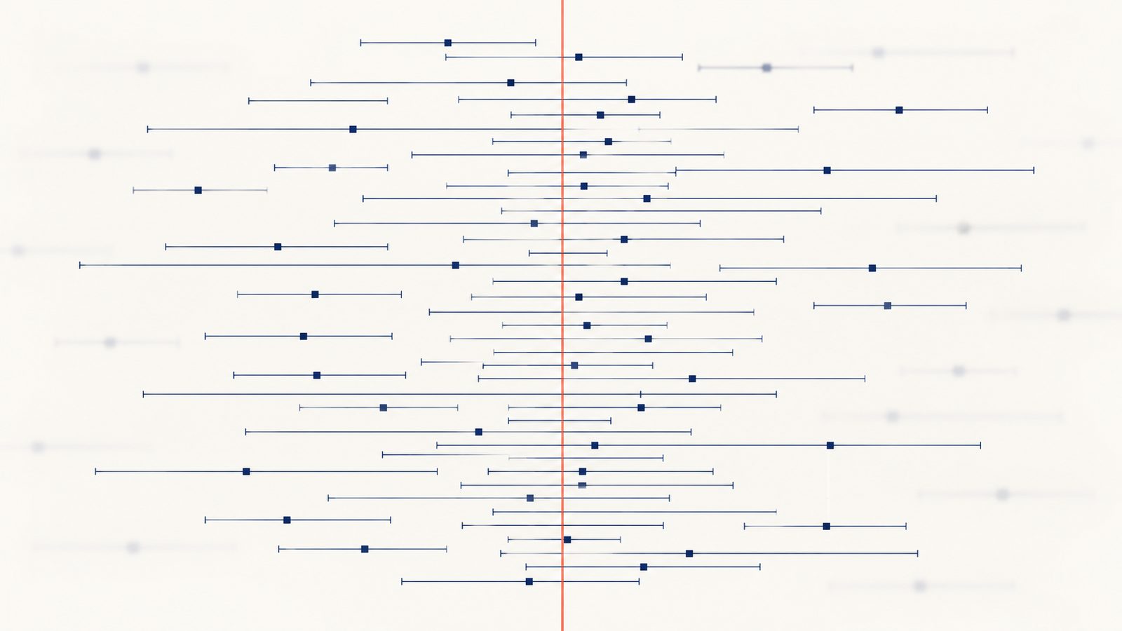 Abstract artwork of indigo confidence-interval lines with square markers, most of them crossing a single coral line that marks zero effect, on a pale background.